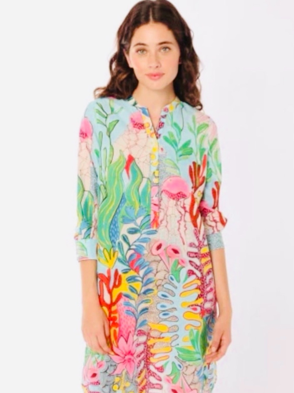 Vilagallo Belize Coral Multicolor Tropical Print Maxi Tunic Cotton  Dress Sz 42